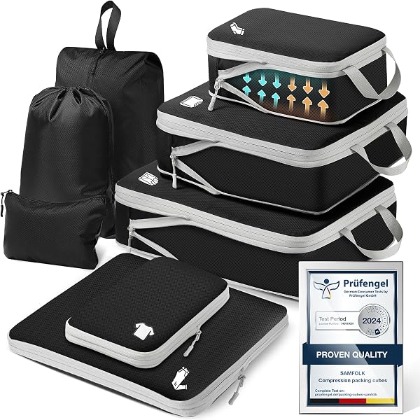 Samfolk Compression Packing Cubes for Suitcases Packing Cubes Compression Set Waterproof Suitcase Organiser Bags for Travel Suitcase Luggage Packing Organizer Bags Travel Essentials Black 8 Set - 1