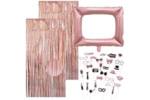 ‎MOLIREX 33 Stück Party Fotoautomat Requisiten Set - 1 Packen Foto Booth Props, 2 Stück Lametta Vorhang, EIN 98cmx83cm Aufblasbarer Fotorahmen für Hochzeit Party Deko Geburtstag JGA Fotobox Accessoires, Rosa