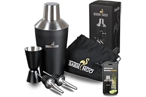 BARMINGO Shaker Cocktail Kit | 5 Pièces, Volume de 500 ml, Noir - Argent | Shaker Cocktail Inox avec Accessoires de Bar | Set Barman Cocktail Shaker | Kit Cocktail Professionnel