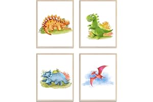 WIETRE® Set of 4 Pictures Dinosaur Nursery Baby Room Decoration Picture Boy Girl Poster DIN A4 Dinos T-Rex Animals (without Frame)