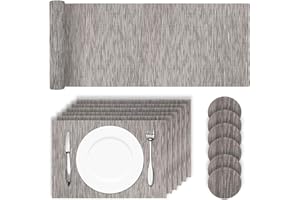 HEYOMART Placemats Table Mats 13 Piece Set with 6 x Placemats + 6 x Coasters + 1 x Long Table Mat Anti Slip Place Mats and Coaster Sets for Home & Restaurant, Grey