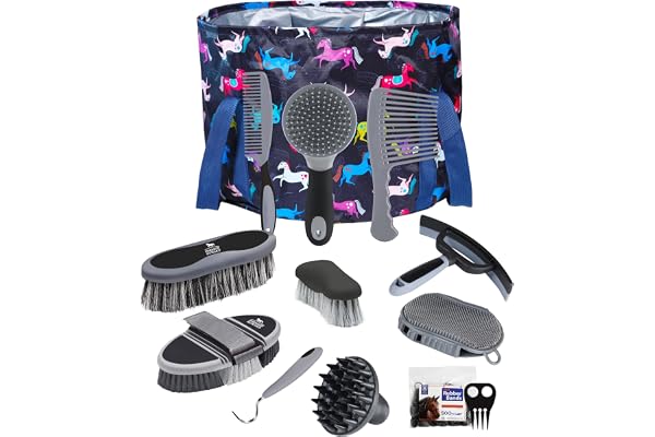 Harrison Howard Kit de toilettage pour chevaux - 11 pièces - Série Equine Care - Ensemble de brosses pour chevaux avec sac fourre-tout - Fournitures de salle de bain - Outils de massage - Noir