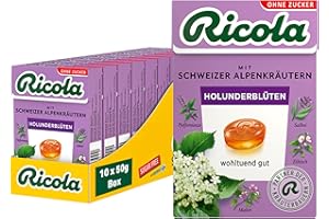 ‎RICOLA Ricola Holunderblüten, 10 Böxli Original Schweizer Kräuter-Bonbons mit 13 Alpenkräutern & fruchtig-blumiger Holunderblüte, zuckerfrei, 10 x 50g, vegan