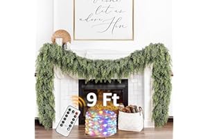 NUTIKAS Cedar Christmas Garland with Lights for Mantle - 9ft Realistic Lighted Faux Pine Garland for Xmas Home Decoration Indoor Stairs Railing Fireplace Outdoor