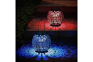 SKERITO 2 Pack Solar Lanterns for The Garden - Outdoor Hanging Garden Solar Lights, 4 Modes, IP54 Waterproof RGB Color Garden Ornaments, Metal Garden Decorations Outdoor for Yard Garden Patio Lawn Fence