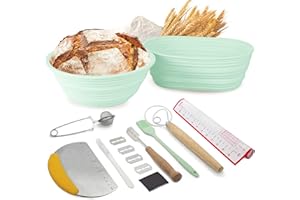 FOTEMIX Banneton - Juego de cestas de silicona a prueba de masa madre redonda de 9 pulgadas y ovalada plegable de 10 pulgadas con lamo de pan, cepillo para untar, raspadores, batidor danés, kit de hornear pan