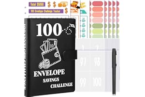OPPZZIT 100 Envelopes Saving Challenge, PU Money Saving Wallet with Mark Stickers & Pen, Money Saving Challenge Budget Binder to Save £500, £5050, £10400, A5 Savings Binder for Adults, Black