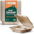 100% Compostable Clamshell Take Out Food Containers [8X8" 3-Compartment 50-Pack] Heavy-Duty Quality to go Containers, Natural Disposable Bagasse, Eco-Friendly Biodegradable Made of Sugar Cane Fibers