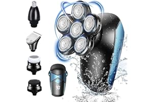 KASAKILY Rasoir Électriques Hommes 6 en 1, 6D Rasoir Cheveux Homme Tête Chauve, Sec et Humide, IPX7 Étanche, Tête Amovible, Affichage LED pour Bureau, Voyage, Maison