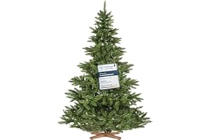 FairyTrees árbol de Navidad Artificial 220cm NORDMANN con el Soporte de Madera| Abeto Artificial con Tronco Verde| Fabricado en EU