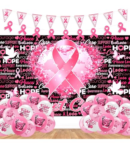 Brustkrebs-Bewusstsein Dekoset – 18x Latexballons & 3x Banner Mit Rosa Schleife, Für Unterstützungs-Aktionen & Parties