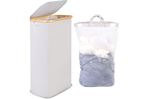 efluky 63L Slim Laundry Baskets with Lid, Collapsible Laundry Hamper with Removable Bag, Small Slimline Washing Basket for Dirty Clothes, Cloth Storage Basket Light Grey