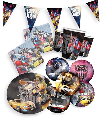 Transformers – Action Geburtstagsdeko Komplettset für Kinder - 47 tlg. Tischdeko Pappgeschirr mit Wimpelkette für Kindergeburtstag & Mottopartys