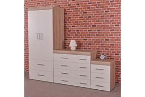 DRP Trading White & Sonoma Oak 3 Piece Bedroom Furniture Set, 3 Drawer Chest, 4+4 Drawer Chest, 2 Door Wardrobe, Complete Bedroom Set, Ideal for Bedroom Organisation, Room Storage, Elegant Decor…