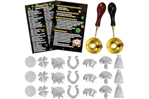DPKOW 21 STK Silvester Zinngießen Bleigießen Set, Zinnfiguren und 2 Löffeln Anleitung Orakelheft, Silvester Spiele Neujahrsgeschenke Glücksschwein Kleeblatt Hufeisen Wachsgießen Neujahr Blei Gieß Set