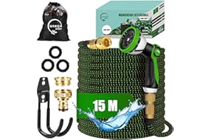 GREEN GOF GREENGOF Manguera de Jardín Premium 15 Metros - Boquilla de Pulverización de 10 funciones, Ligera y Extensible - Conectores de Latón y Alta Resistencia con Núcleo de Látex - Color Verde.
