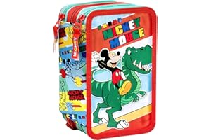 Clondo Trousse Triple Remplie Enfant, pour Mickey avec Dinosaure Fan, 44 Accessoires Scolaires, 3 Fermetures Éclair, Compartiments Organisés, Crayons de Couleur, Feutres, Ciseaux