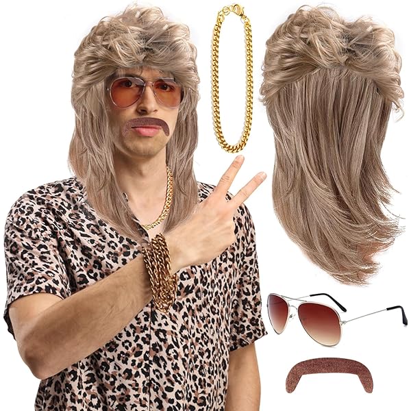 80er Jahre Perücke Set Herren - Mulet Mit Brille & Kette Für Mottoparty