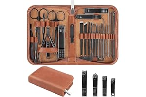 LUCK AROUND Nail Clippers Set, 26 Piece Manicure Set & Pedicure Kit, Stainless Steel Fingernail & Toenail Clipper Cutters, Professional Nail Care Tools with Luxurious Travel Case for Men and Women, Brown