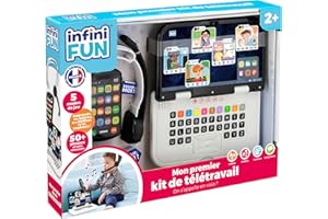 Infini Fun - Mon Premier kit de télétravail - Téléphone, Ordinateur et Casque pour Faire des visioconférences comme Les Grands ! Jeux d'imitation Multi-apprentissages pour Enfant dès 2 Ans