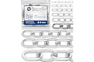 NIETFULLTHINGS 100 cm = 1 metr 8 mm grubość łańcucha ze stali nierdzewnej, towar sprzedawany na metry, V4A, łańcuch ogniwowy, krótkie ogniwa w jednym kawałku, A4 DIN 56856, metalowy łańcuch DIN 766, nierdzewny