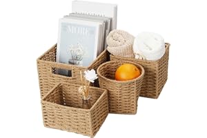 Lannvan Panier Rangement Tissé en Corde de Papier, Lot de 4 Paniers de Rangement Empilables, Corbeille Rangement Panier de Rangement avec Poignées pour Salle de Bain, Cuisine, Chambre à Coucher, Salon
