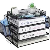 Letter Tray Metal Stackable Magazine Holder with 4 Letter Trays Made of Metal Mesh Office Desk Organiser Folder with Two Pen Holders for Office School Home