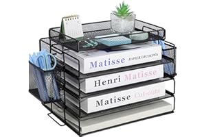 ideallife Briefablage Metall Stapelbar, Zeitschriftenhalter mit 4 Briefablagen aus Metallgeflecht, Büroschreibtisch Ordnungsmappe mit Zwei Stifthaltern für Büro, Schule, Zuhause