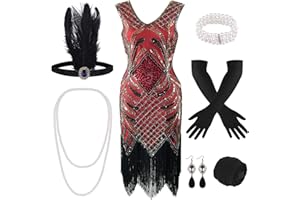 ELECLAND Sukienka z frędzlami, cekinami i dekoltem w serek, w stylu lat 20. XX wieku, z akcesoriami