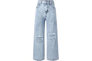 Happy Cherry Jeans Larghi Ragazze Pantaloni Strappati in Denim alla Moda Pantaloni Baggy Casual Vita Alta Elastica Vintage Blu Pants con Tasche per Bambina 5-14 Anni