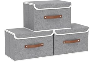 Yawinhe Lot de 3 Caisse de Rangement avec Couvercle, Tissu, Pliable, Lavable, pour Serviettes, Vêtements, 38x25x25cm, Gris, SNK018GY