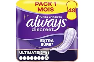 Always Discreet Extra Secure, Serviettes Pour Incontinence ou Fuites Urinaires, Fuites Importantes, Format Eco, 7 Gouttes, Ultimate Night, 48 Pochettes Individuelles (4 x 12 unités)