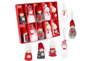 AGOER Zestaw 10 drewnianych skrzatów bożonarodzeniowych – dziergany pluszowy wisiorek na drzewo, ręcznie robiona ozdoba bożonarodzeniowa, urocza lalka bożonarodzeniowa w pudełku prezentowym (czerwony,