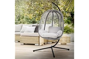 ML DESIGN MODERN LIVING ML-Design Fauteuil Suspendu avec Support et Coussin de Siège, Gris, Hauteur 117 cm, Base en X, Intérieur/Extérieur, Cadre Métal, Chaise Balançoire Jardin Terrasse Hamac Balancelle Oeuf sur Pied