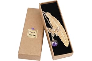 QH-SHOP Marque-page de Plume en Métal avec Papillon et Fleur Sèche Éternelle Perles de Verre Pendentif, Idéal Cadeau pour Adultes et Enfants, Plume d'or Pourpre Fleur Blanche