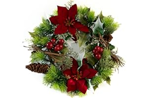 ENDLESS CREATIONS Artificial Christmas Wreath - Classic Red Poinsettia, Pinecone & Berry Design - Realistic Faux Mixed Greenery - Festive Candle Ring & Table Centrepiece - 25cm Diameter