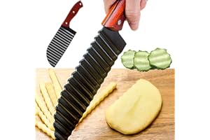 CINY Potato Crinkle Cutter Chip Cutter Stainless Steel Wave knife Potato Corrugated Knife French Fries Knife Embossing Knife Cut Chip Cutter for Vegetables Potatoes Onions(Wooden Handle Black)