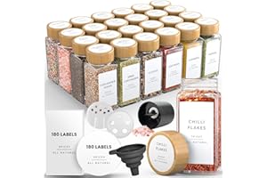 Livabl Glass Spice Jars with Lids and Labels – 24 Bamboo Lid Spice Containers - 120ml Airtight Jars with 360 White UK Designed Waterproof Pre-Printed Labels - Complete Herb, Seasoning & Spices Storage