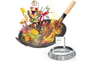 ‎FLAVEMOTION Flavemotion Wok mit Wokring für Induktion, E-Herd (Flacher Boden, 36 cm groß) VOREINGEBRANNT handgehämmerte Wokpfanne aus Karbonstahl inkl. Wokring zum Abstellen