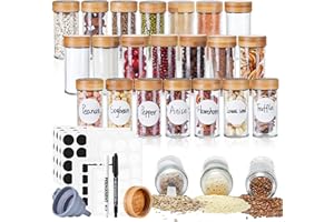 elagel Gewürzgläser Rund mit Streueinsatz - 24er Set 120ml Gewürzdosen Hochwertigem Holzdeckel aus Bambus Gewürzgläser - Gewürzstreuer Glas mit Streuer-Aufsätze,Trichter,Etiketten- Spice Jars
