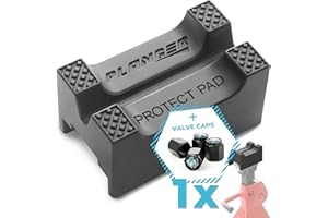 PLANGER® - Protect Pad + 4 Tapas de válvula – Bloque de Goma ranurado Universal Antideslizante para Jack Pad - Protector de Coche Anti daños en el Bastidor de Coche - Goma Altamente Resistente