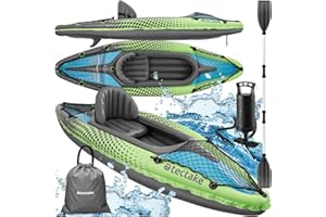 tectake® Inflatable Kayak with Durable PVC Material, Aluminium Double Paddle, 1 Removable Kayak Seat, 2 Attachable Fins & Storage Nets - Single-Seater Kayak Set Incl. Air Pump, Carry Bag & Repair Kit