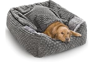Heymamba Extra Large Dog Bed Rectangle Large Pet Beds Grey, Hooded Pet Cave Bed with Designed for Wheat Grain, Soft Rose Fluff XL Dog Cave With Nonskid Bottom for Labrador, 90x65x23cm