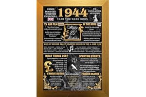 Aryllis A4 Framed 80th Birthday Print, The Year You Were Born - 1944, Manufactured in the U.K., Birthday Gift for 80 Year Old - Gold Frame