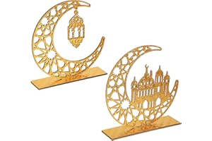 COCHIE 2 sztuki drewnianych Eid Mubarak Ramadan Kareem, dekoracja stołu, znak księżyca, pusta gwiazda, wolnostojący, wiszące, ornamenty, dekoracja stołu dla muzułmanów, islamu, dekoracja stołu