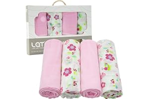 LAT LEE AND TOWN LAT Set 4 Pezzi Mussole Cotone per Neonato, 70x80cm Panni in Mussola per Neonato, Morbido e Traspirante Teli in Mussola Copertina Cotone per Neonati (Fiore+Rosa)