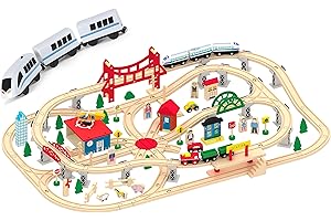Leomark Jeu de Train en Bois 130 piéces Circuit de Train + Locomotive électrique Jeu de Construction