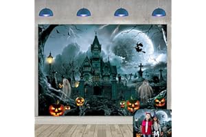 TENCOW Halloween-Hintergrund: Gruseliges Dunkles Nachtschloss, Schrecklicher Kürbis, Geist, Hexe, Friedhof - Fotografie-Hintergrund für Halloween-Party-Dekorationen, Studio-Requisiten, 300 x 240 cm