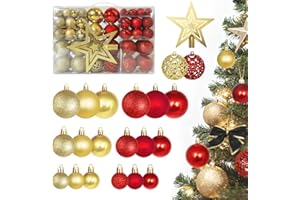 JoryHeim Weihnachtskugeln 101 Stück Set, Christbaumkugeln aus Plastik, inkl.Baumspitze Stern und vormontierten Schlaufen - Weihnachtsbaum Deko & Christbaumschmuck(Glanz/Matt & Lochmuster, Gold Rot)