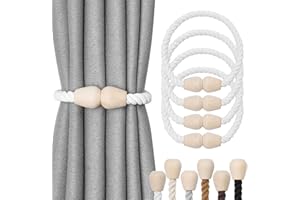 Pretty Jolly 4 Pack Wooden Magnetic Curtain Tiebacks Elegant Boho Home Decoration Drape Tie Backs Natural Cotton Handmade Rope Curtain Holdbacks for Home & Office Window Drapery (White)